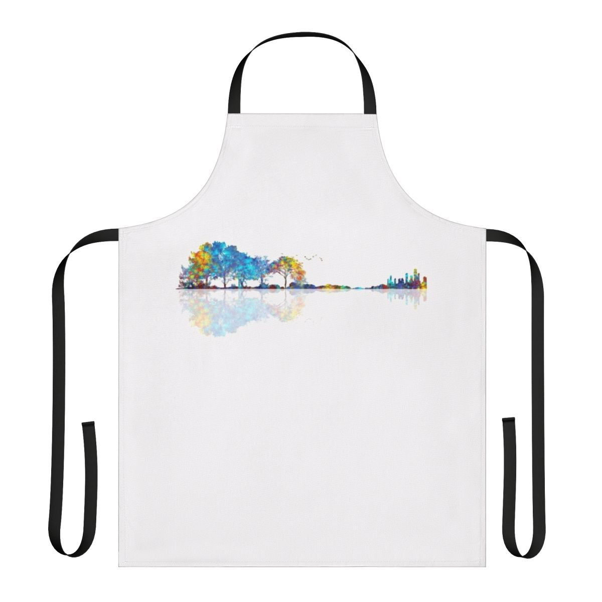 Colorful watercolor-effect apron featuring a silhouetted guitar design against a nature landscape.