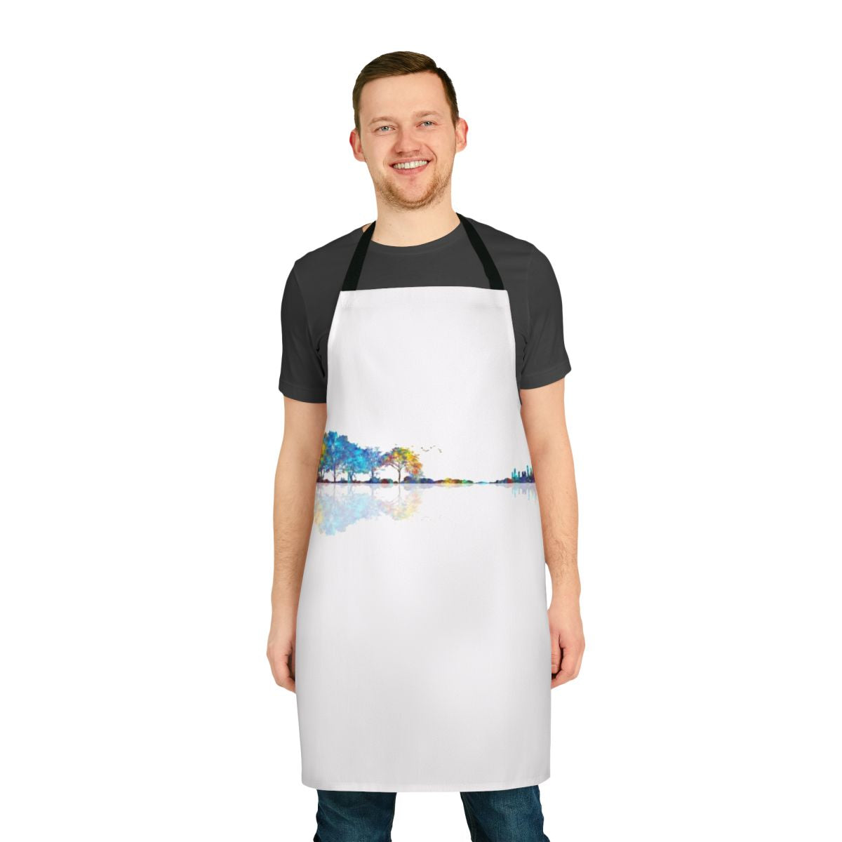 Colorful watercolor-effect apron featuring a silhouetted guitar design against a nature landscape.