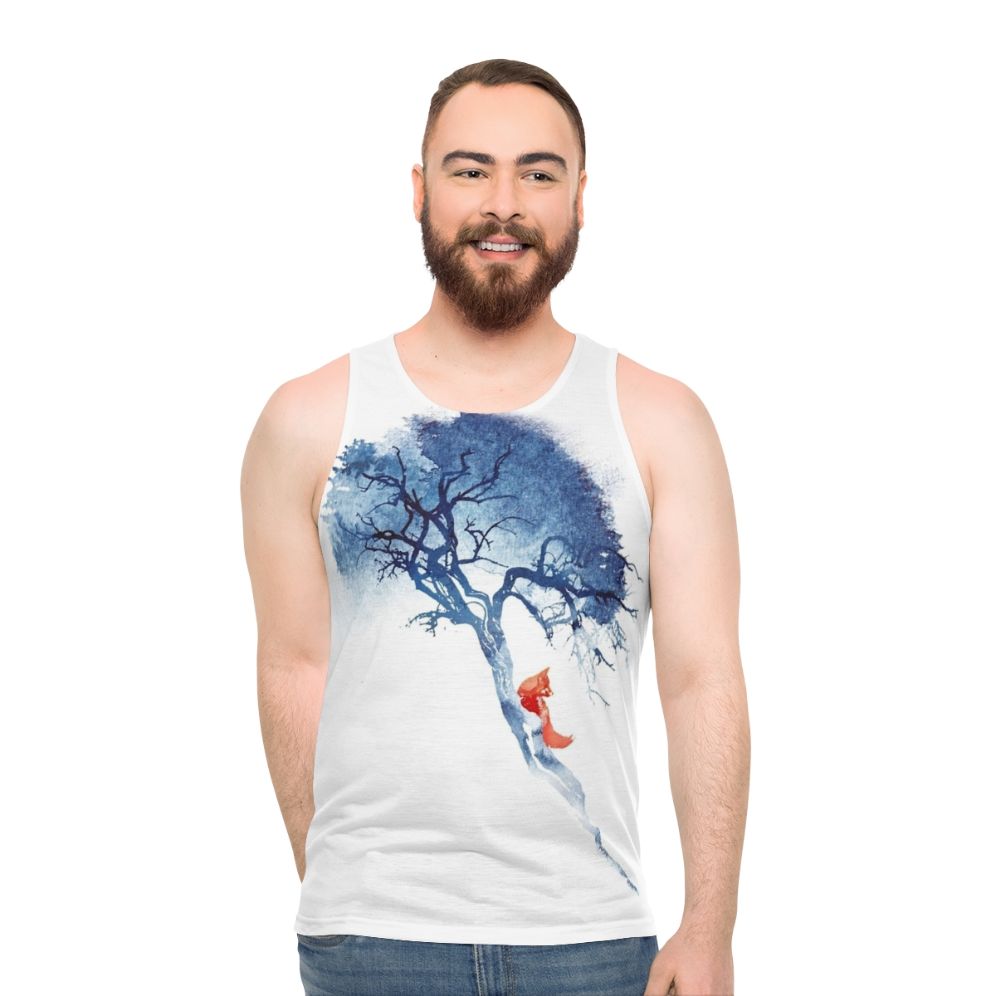 Unisex tank top with a vibrant watercolor design of a fox and tree in nature