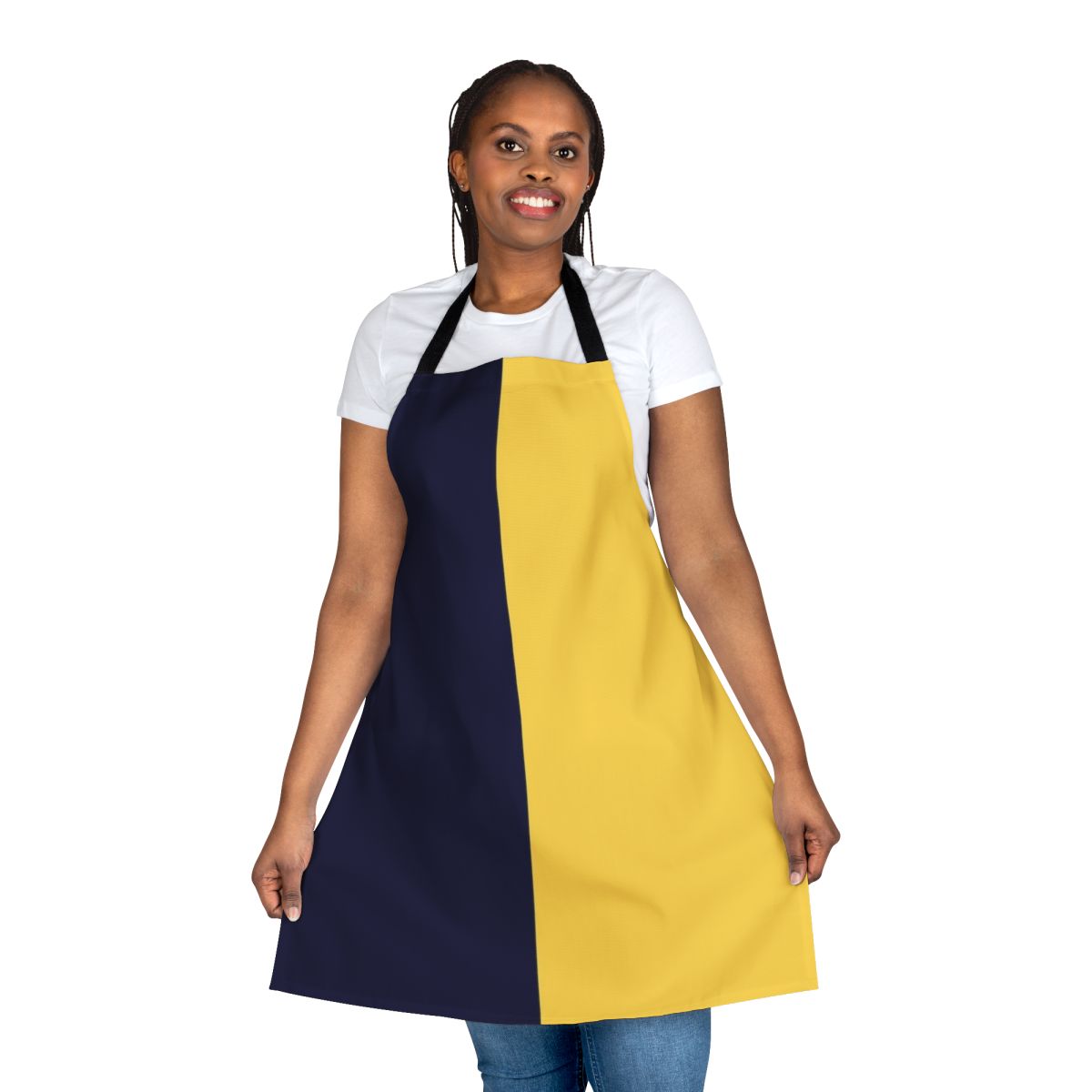 Navy blue and mustard yellow striped apron