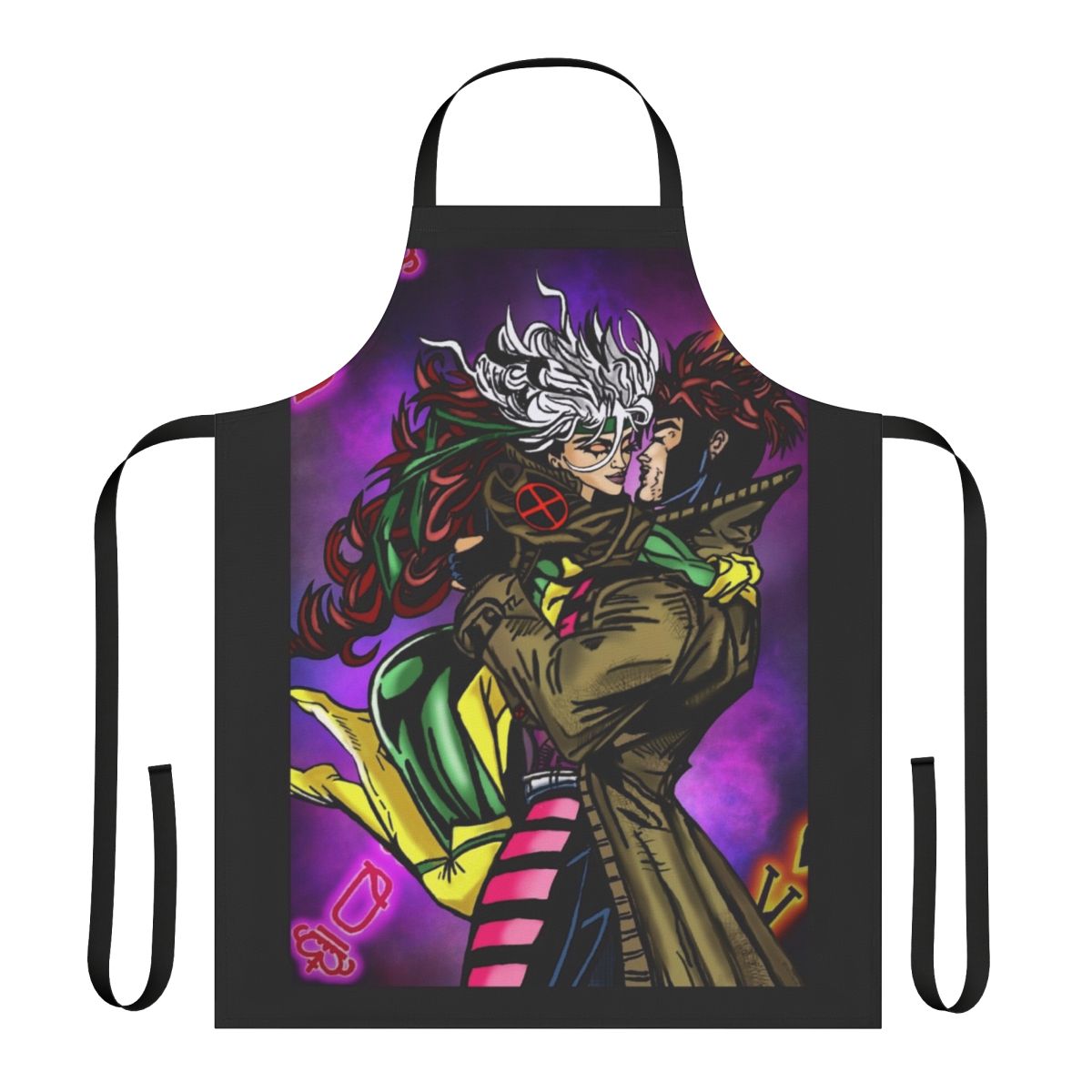 Colorful neon apron featuring Gambit and Rogue, the iconic X-Men power couple