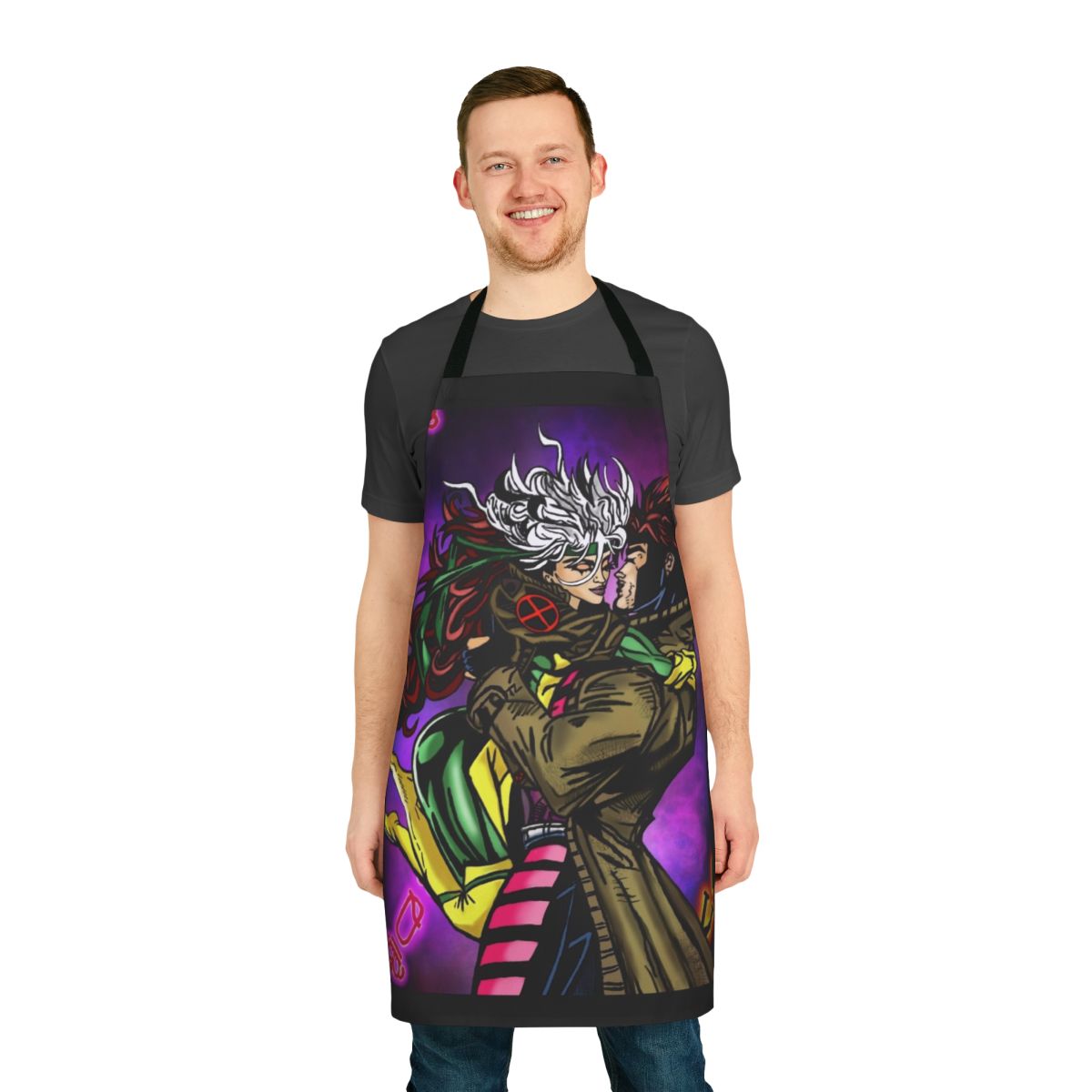 Colorful neon apron featuring Gambit and Rogue, the iconic X-Men power couple