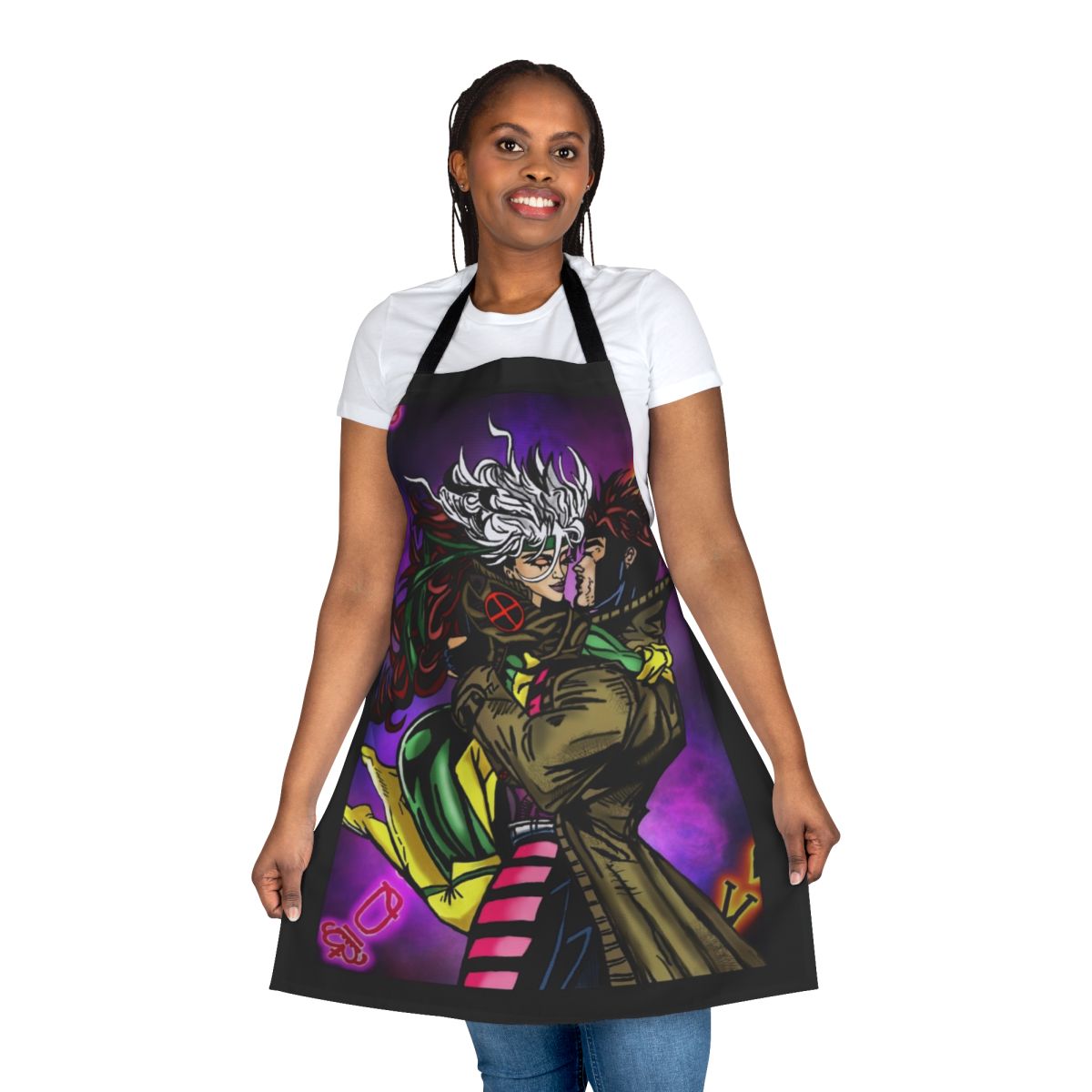 Colorful neon apron featuring Gambit and Rogue, the iconic X-Men power couple