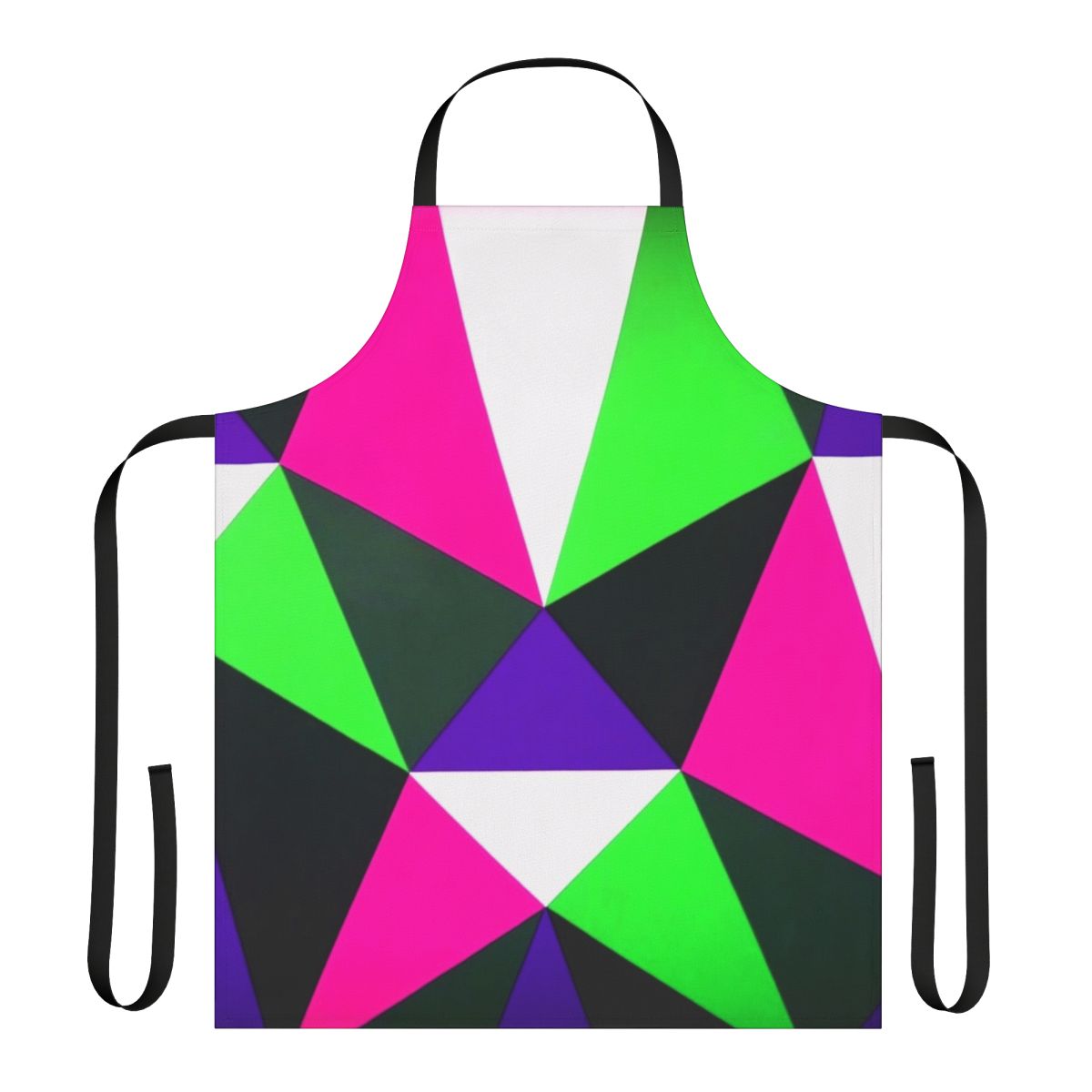 Vibrant neon green, pink, and purple color block apron with a retro 80s/90s style design