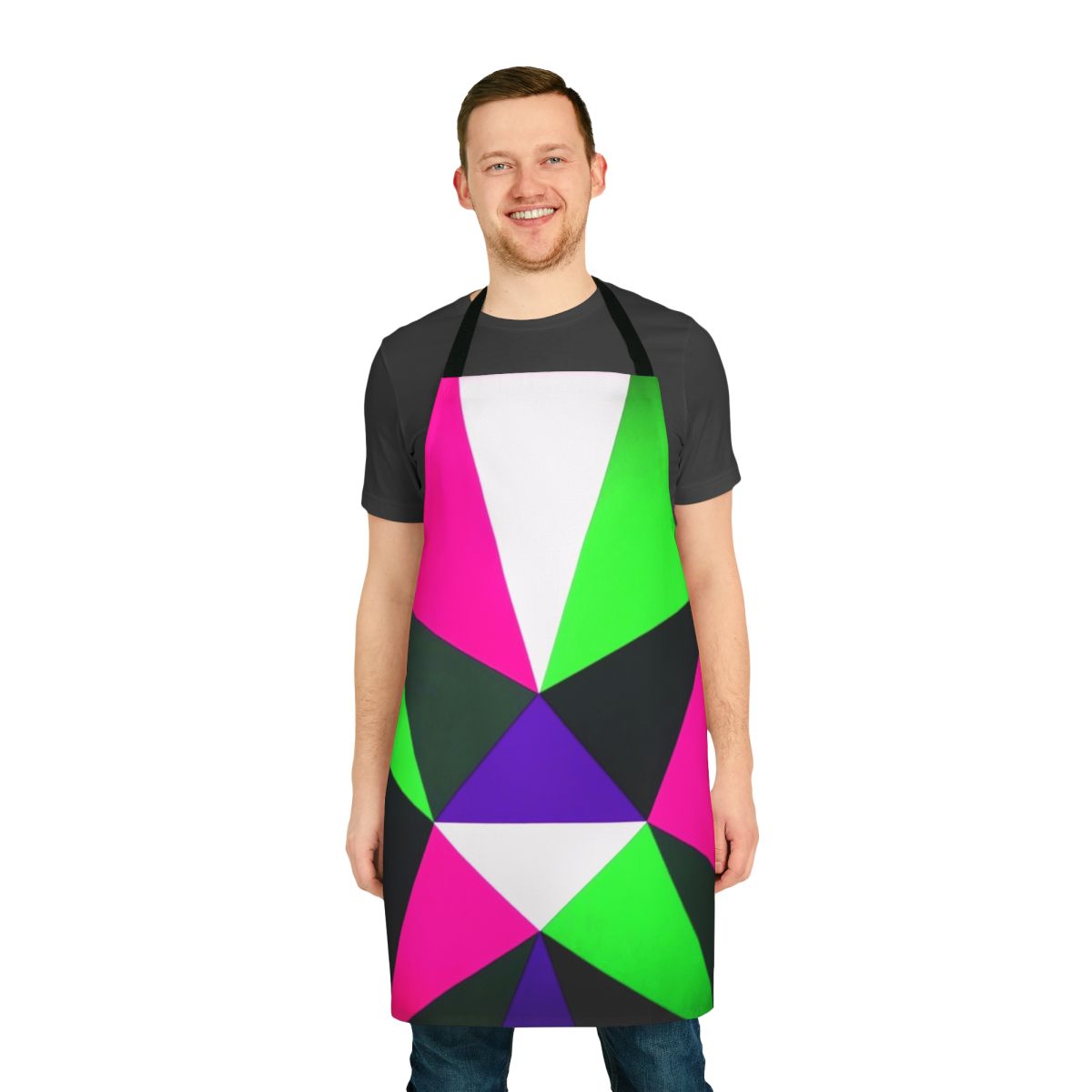 Vibrant neon green, pink, and purple color block apron with a retro 80s/90s style design