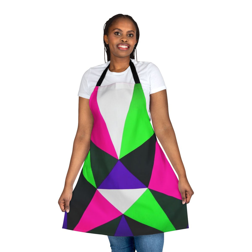 Vibrant neon green, pink, and purple color block apron with a retro 80s/90s style design