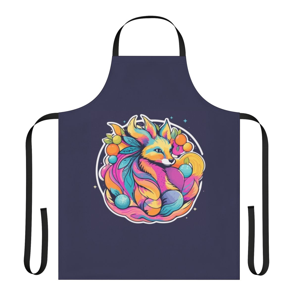 Colorful apron featuring a neon, psychedelic design of a fox in a mystical, spiritual style.