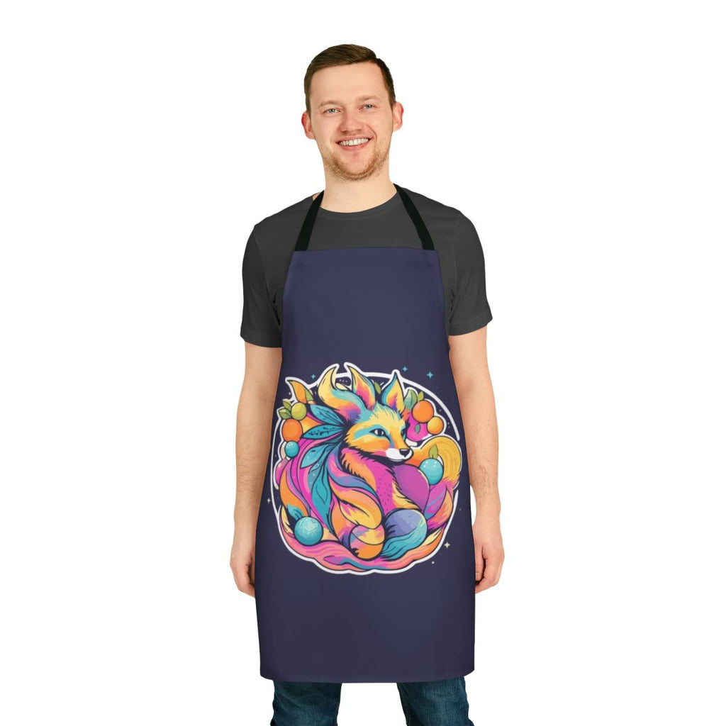 Colorful apron featuring a neon, psychedelic design of a fox in a mystical, spiritual style.