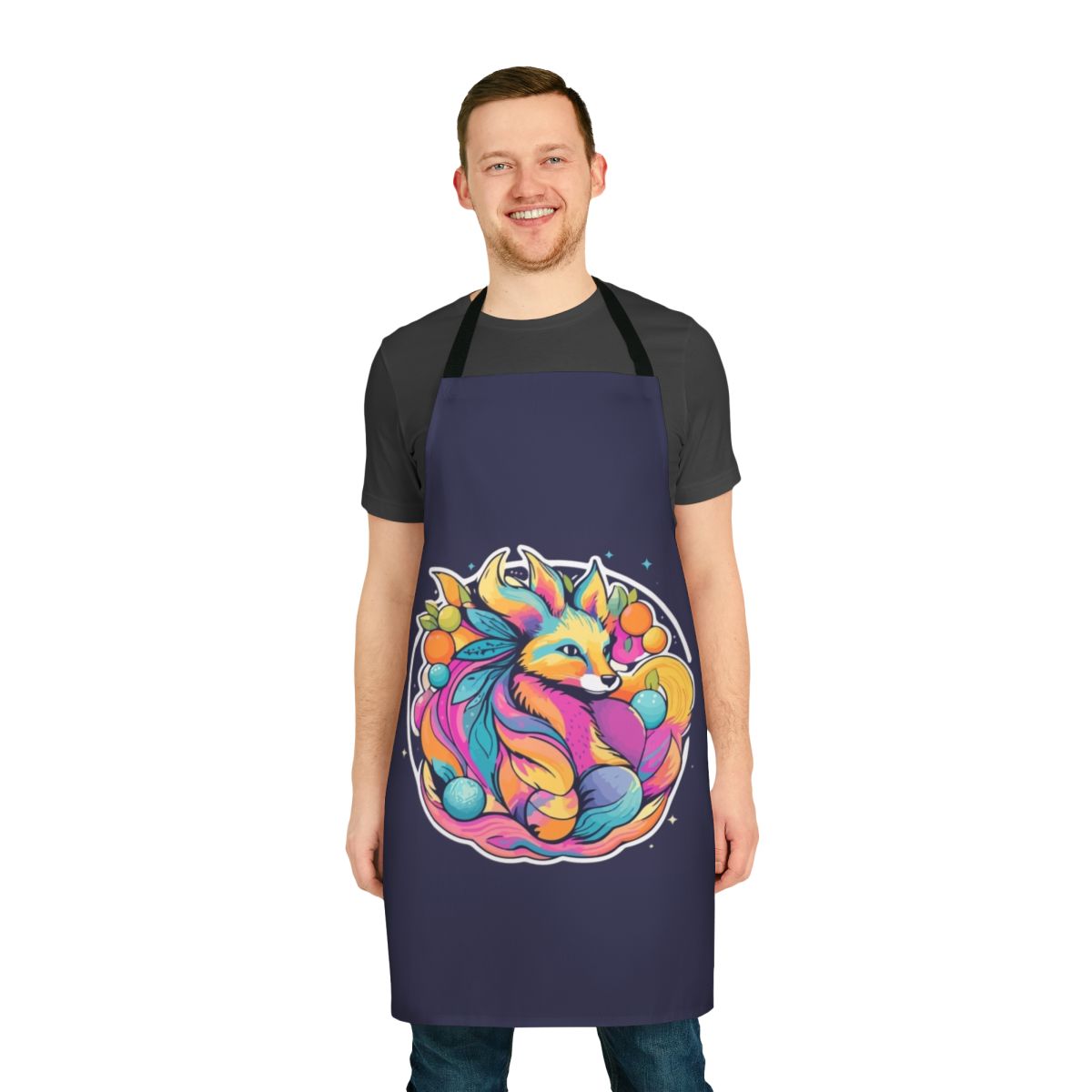 Colorful apron featuring a neon, psychedelic design of a fox in a mystical, spiritual style.