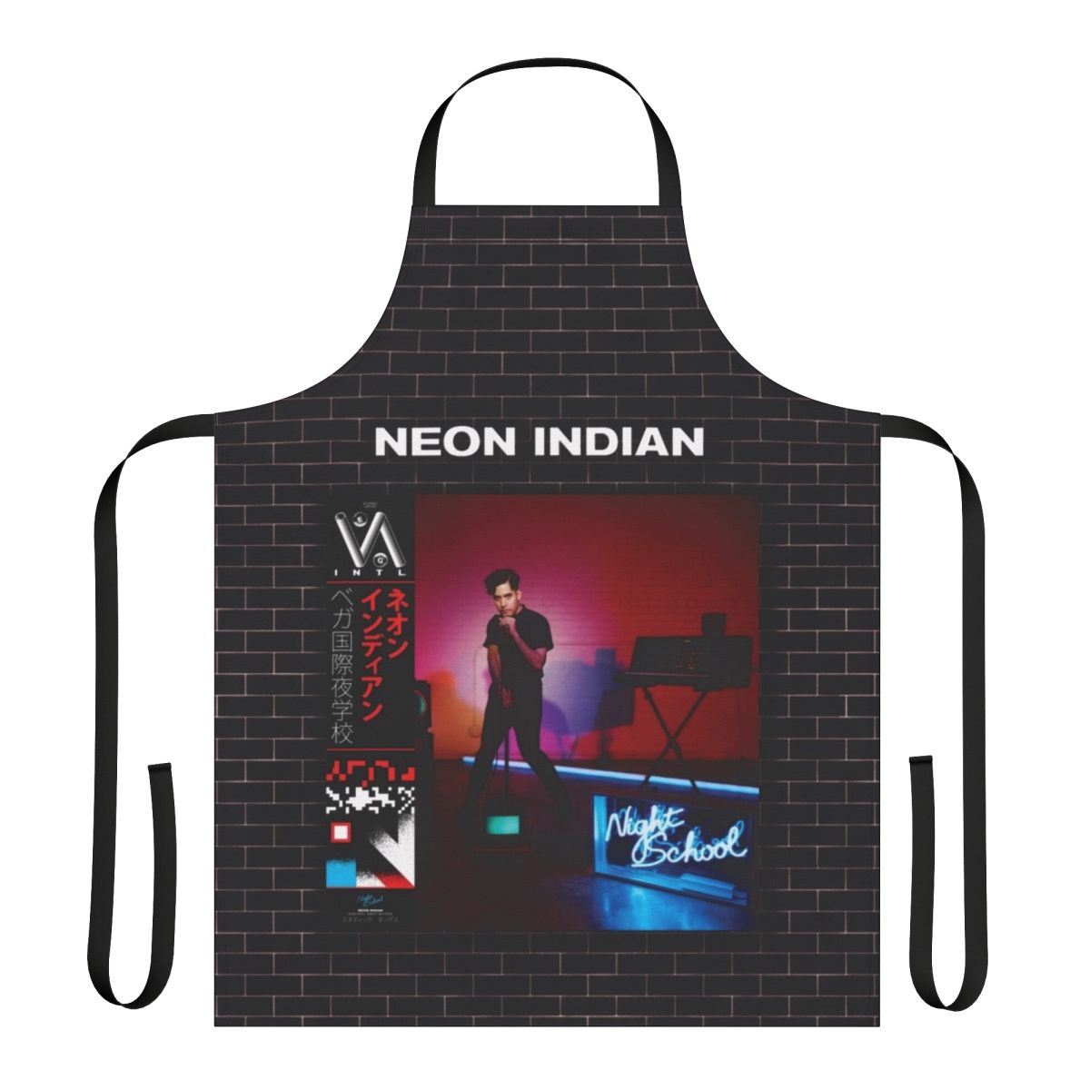 Neon Indian inspired apron with vibrant electronic music and indie band graphics