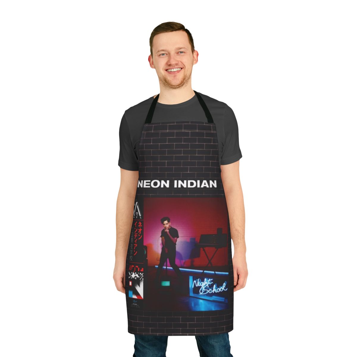 Neon Indian inspired apron with vibrant electronic music and indie band graphics