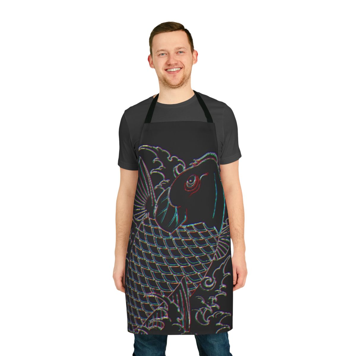 Neon koi fish tattoo design printed on a high-quality apron
