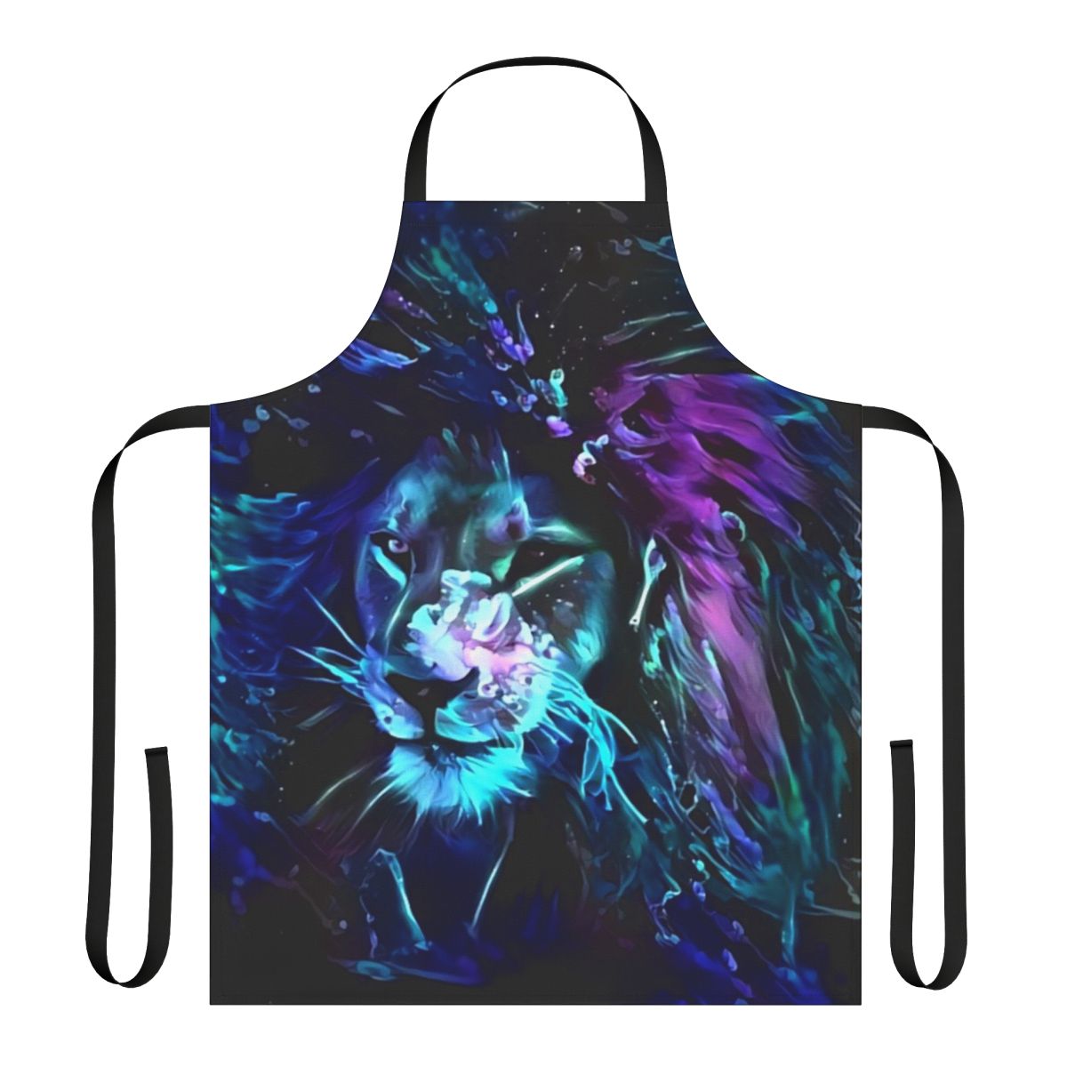 Neon lion design glowing on a black apron