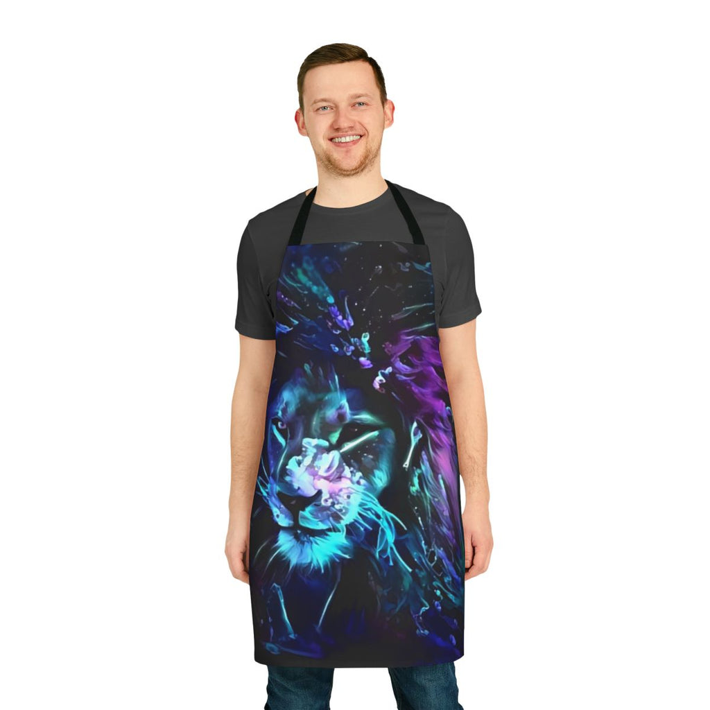 Neon lion design glowing on a black apron