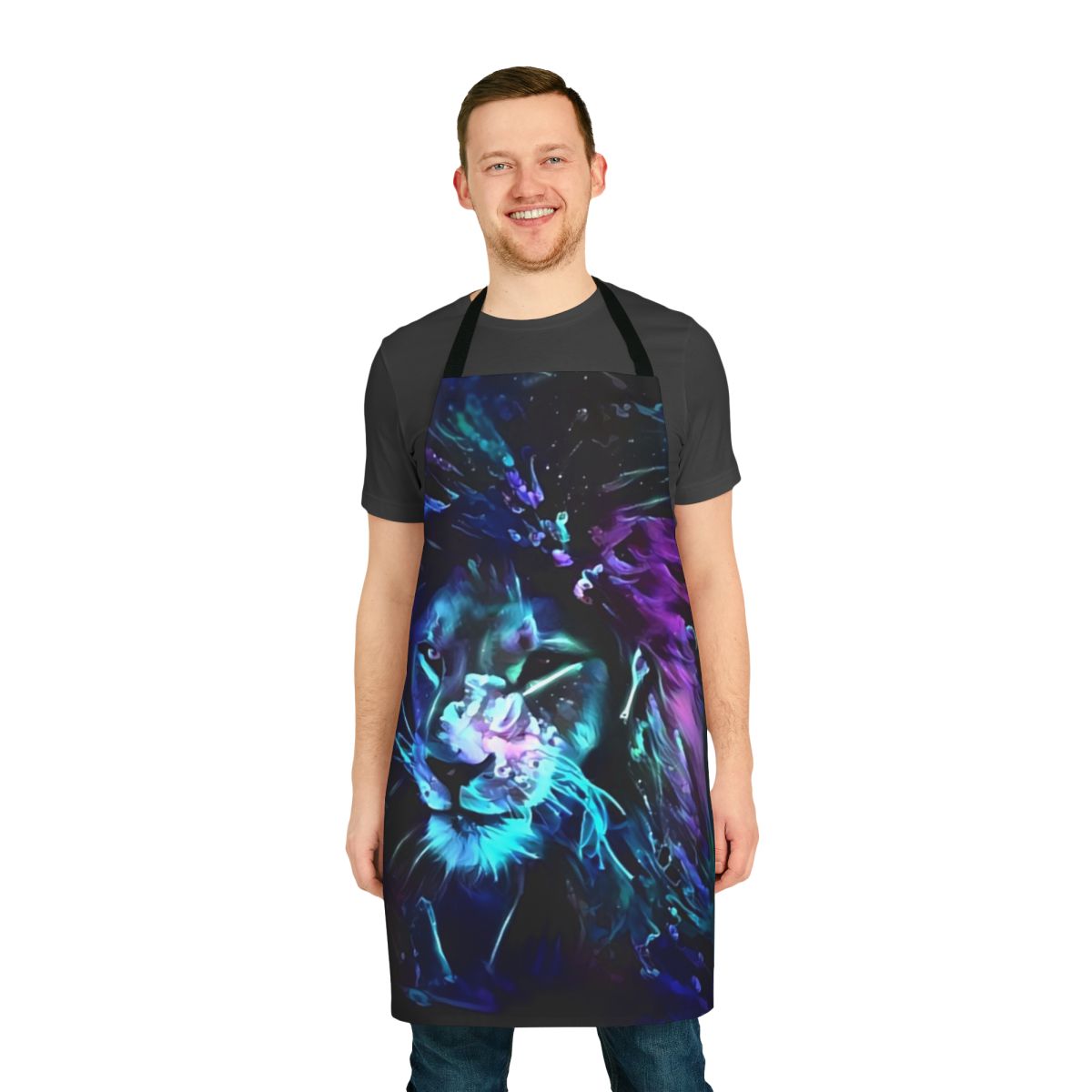 Neon lion design glowing on a black apron