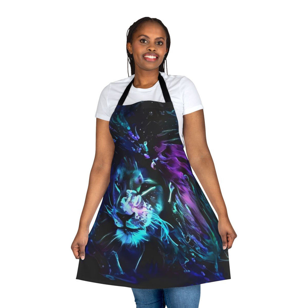Neon lion design glowing on a black apron