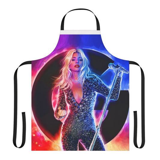 Model wearing a colorful neon music-themed apron