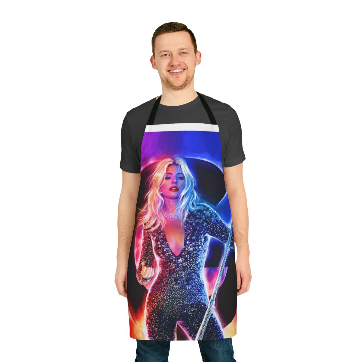 Model wearing a colorful neon music-themed apron