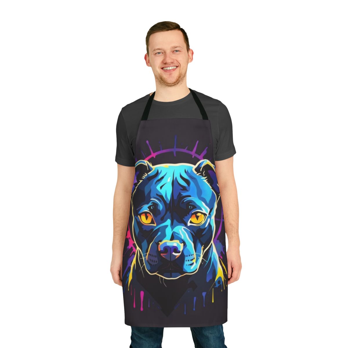 Colorful neon pitbull dog apron with a bright, vibrant design