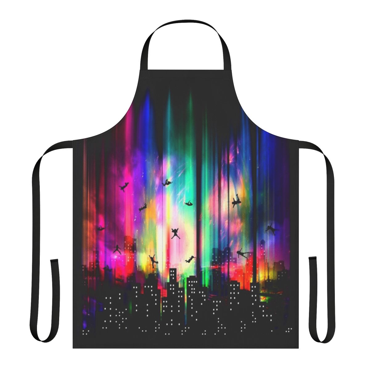 Neon-colored abstract apron with urban cityscape and alien-inspired design