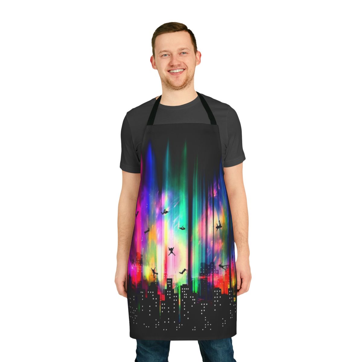Neon-colored abstract apron with urban cityscape and alien-inspired design