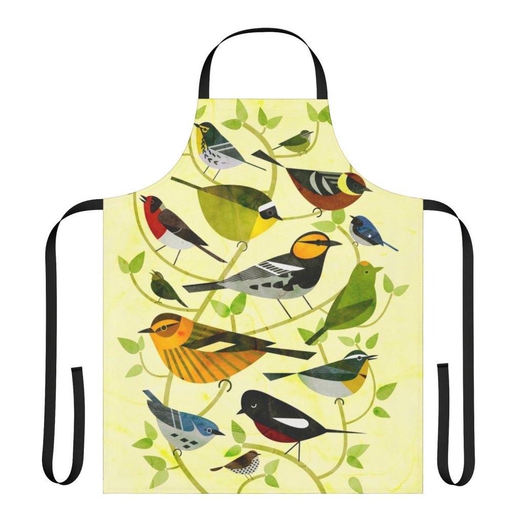 Colorful apron featuring illustrations of various New World warbler species
