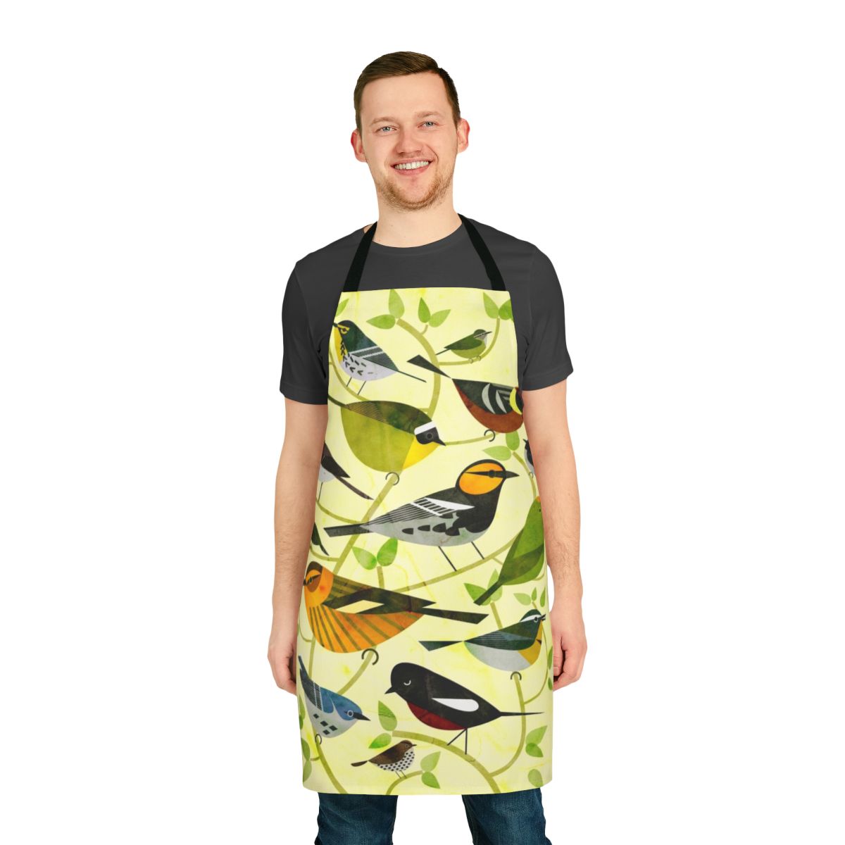 Colorful apron featuring illustrations of various New World warbler species