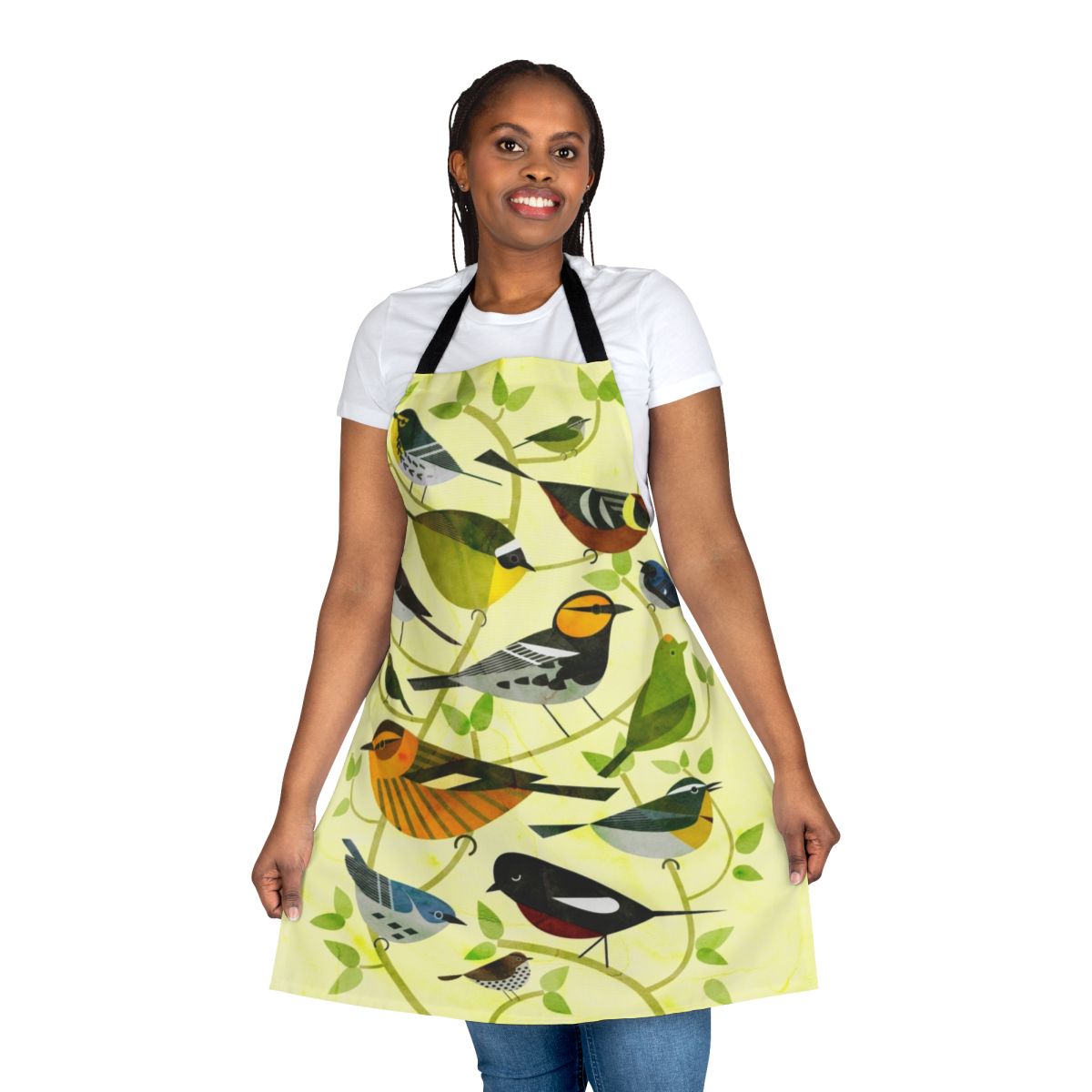 Colorful apron featuring illustrations of various New World warbler species