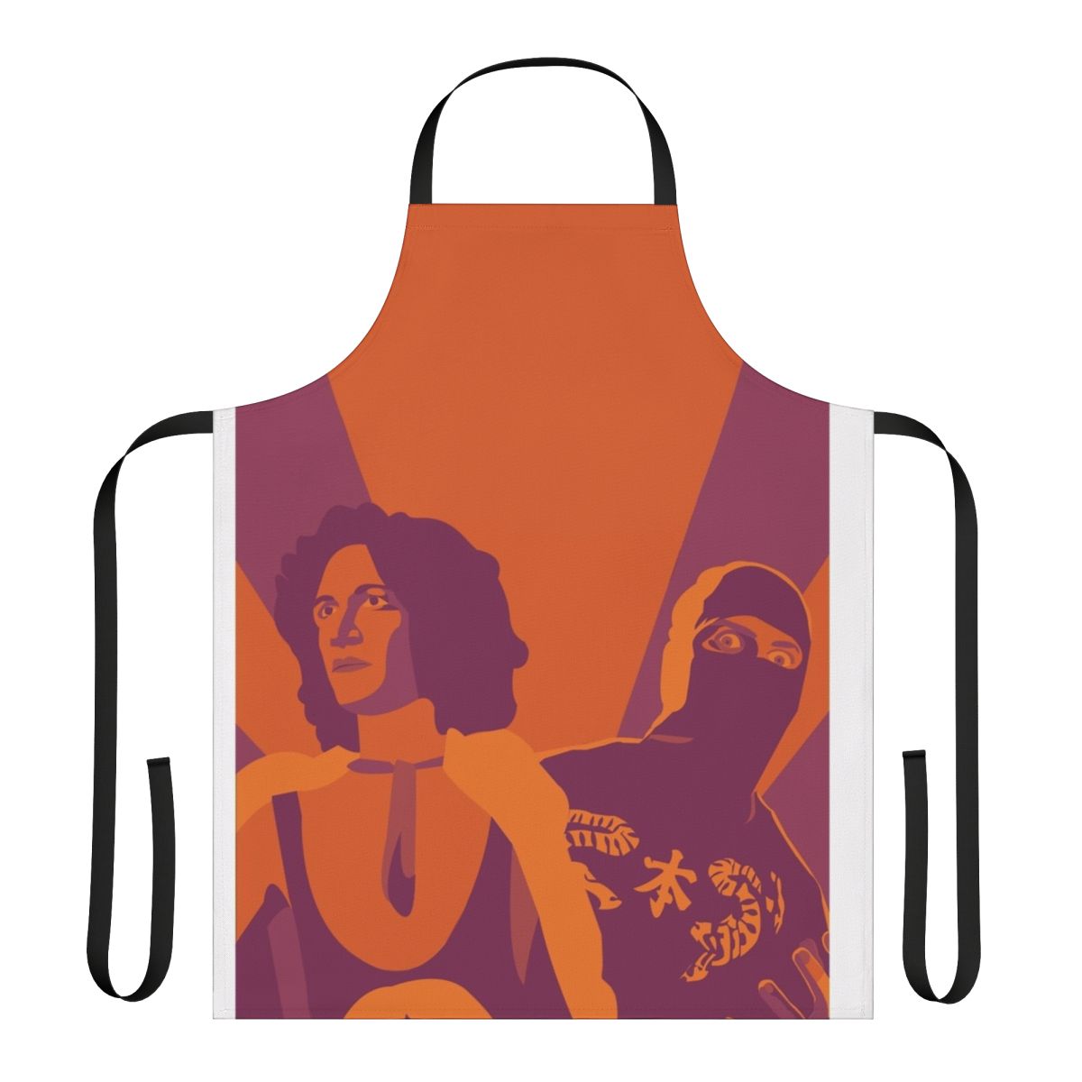 Vibrant ninja-inspired apron featuring the colors orange, pink, red, and burgundy