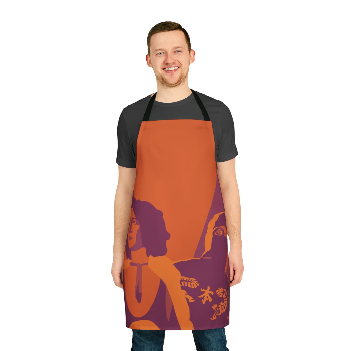 Vibrant ninja-inspired apron featuring the colors orange, pink, red, and burgundy