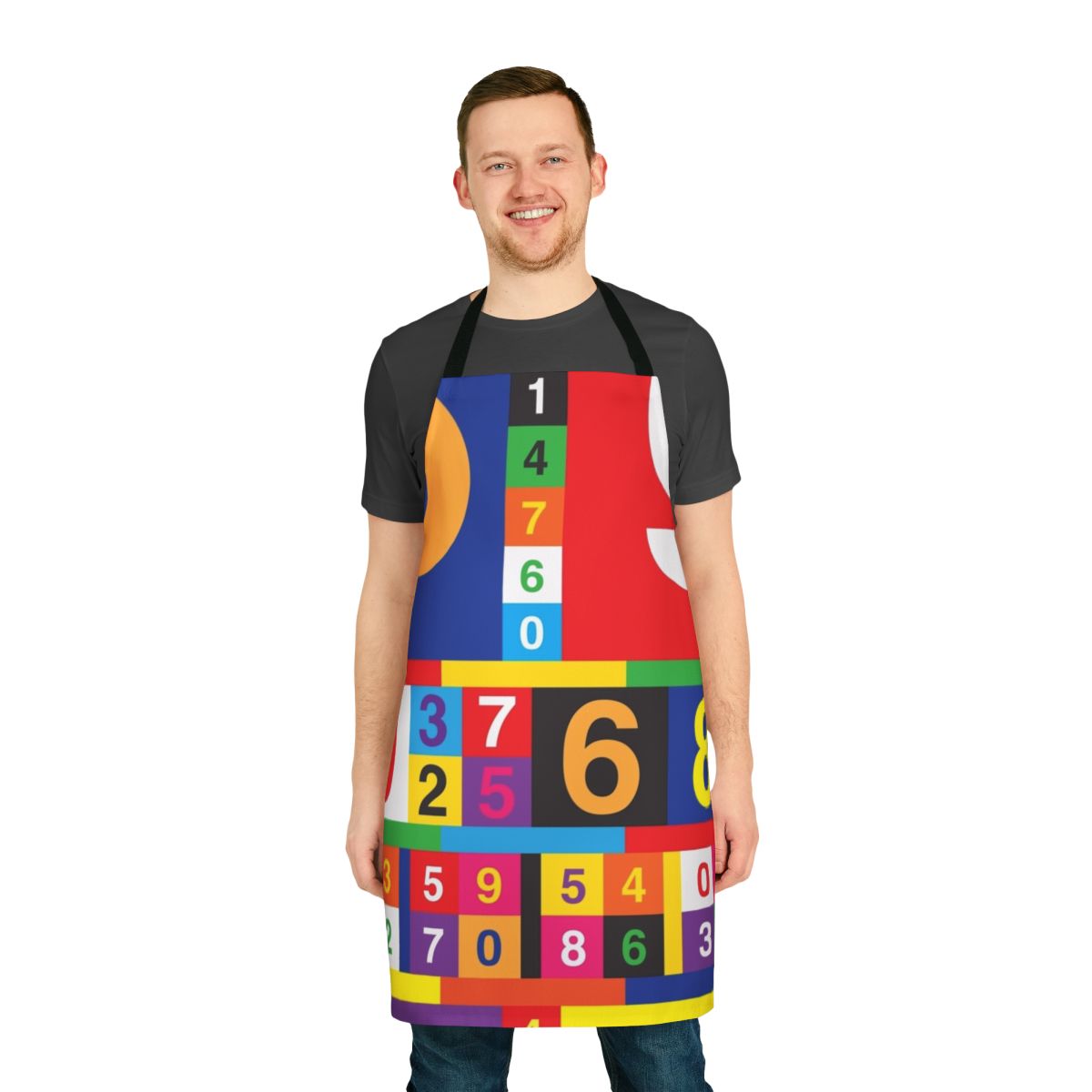 Colorful apron featuring numbered design inspired by 80s pop culture