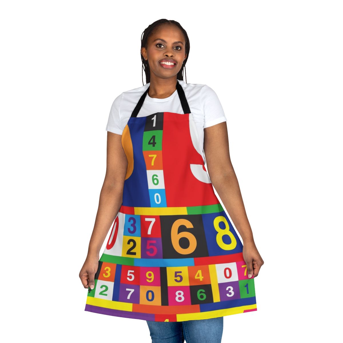 Colorful apron featuring numbered design inspired by 80s pop culture