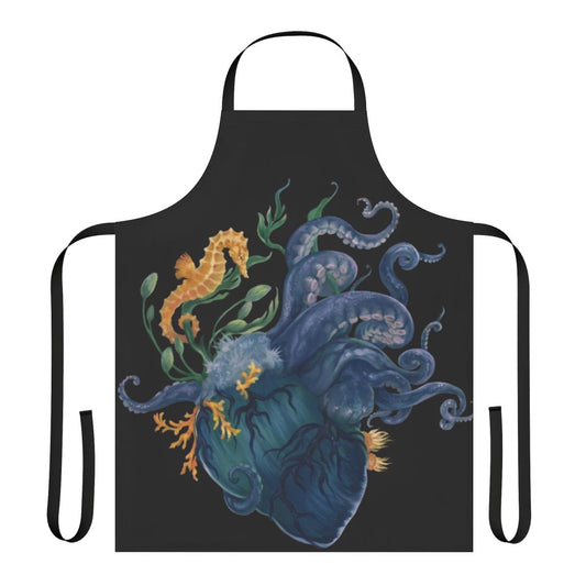 Apron with vibrant ocean-inspired design featuring an anatomical heart, octopus, and other marine elements