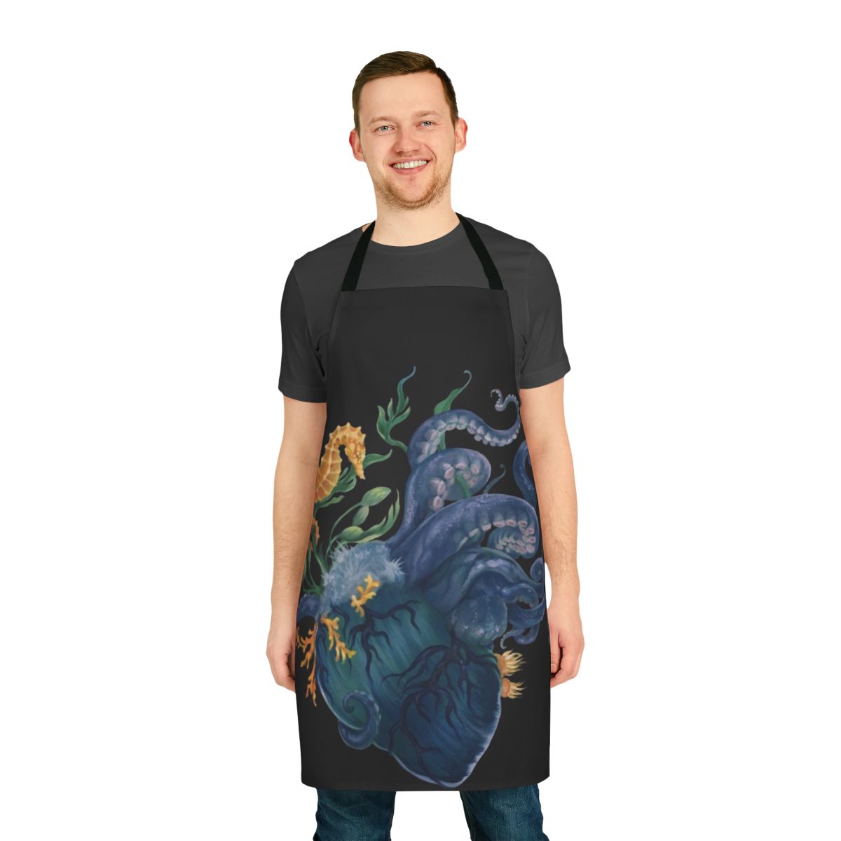 Apron with vibrant ocean-inspired design featuring an anatomical heart, octopus, and other marine elements