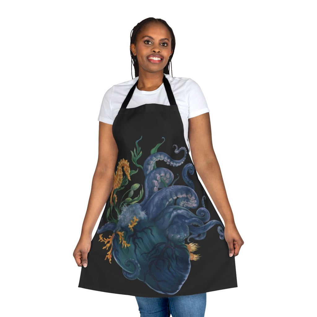 Apron with vibrant ocean-inspired design featuring an anatomical heart, octopus, and other marine elements