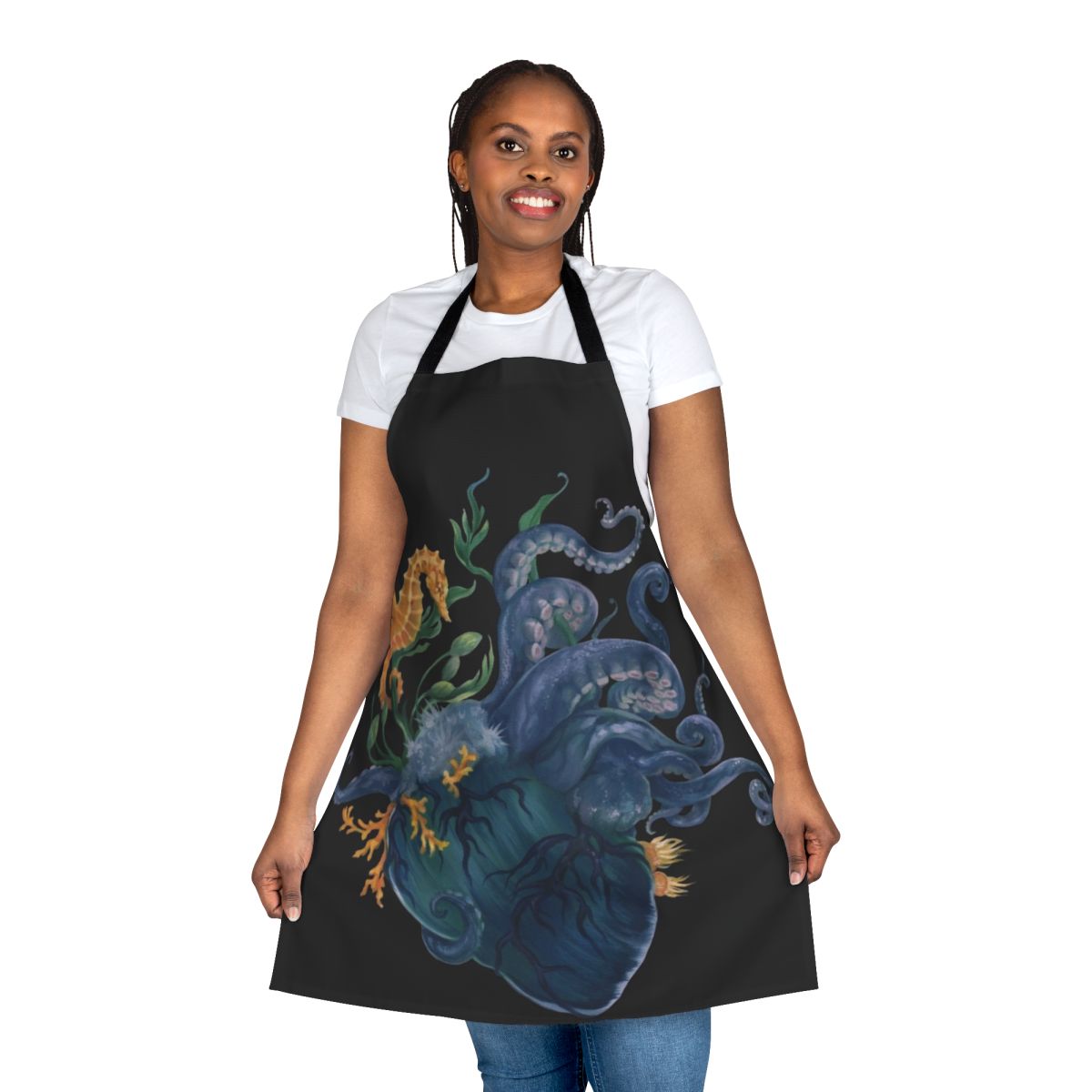 Apron with vibrant ocean-inspired design featuring an anatomical heart, octopus, and other marine elements