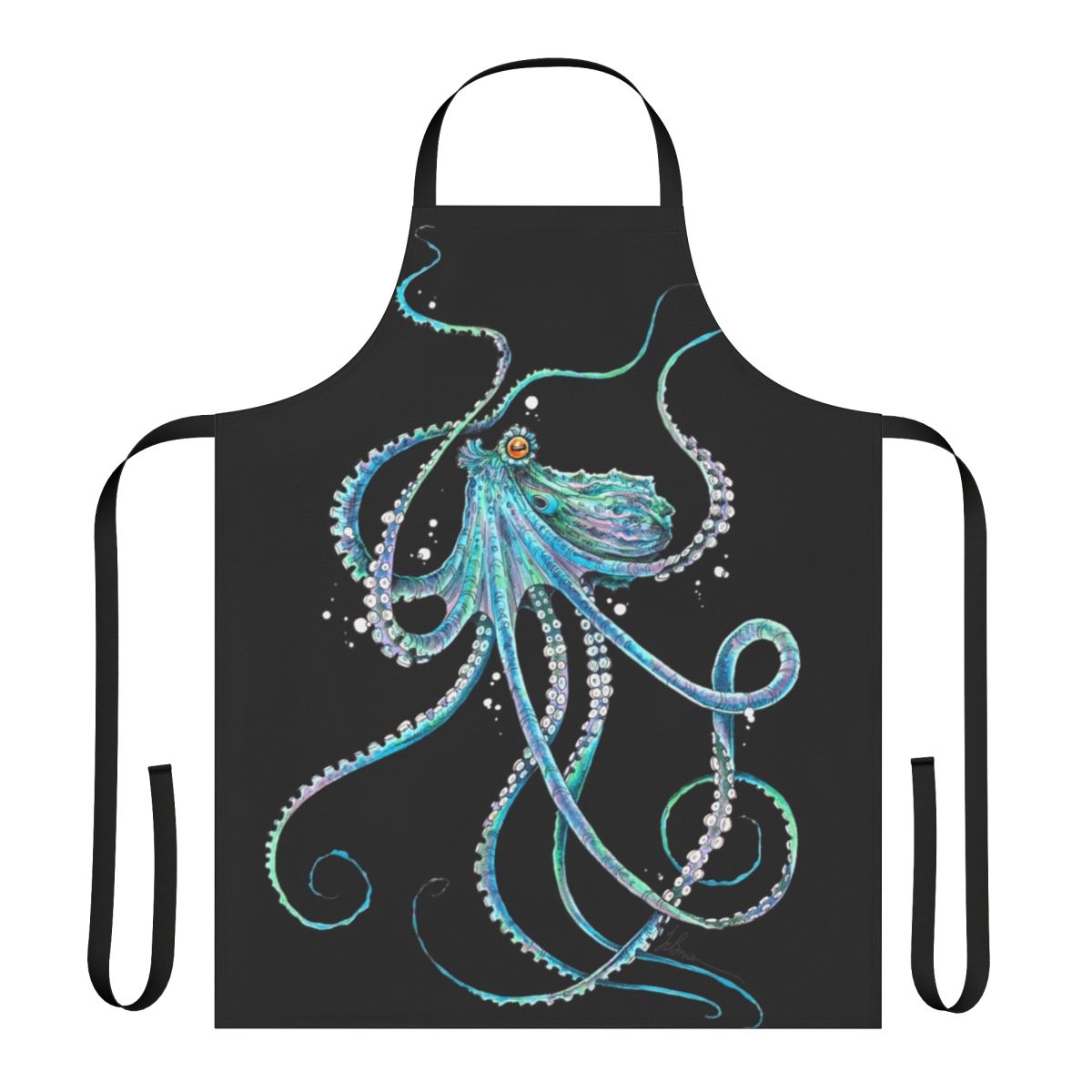 Colorful octopus apron with tentacles against a blue background