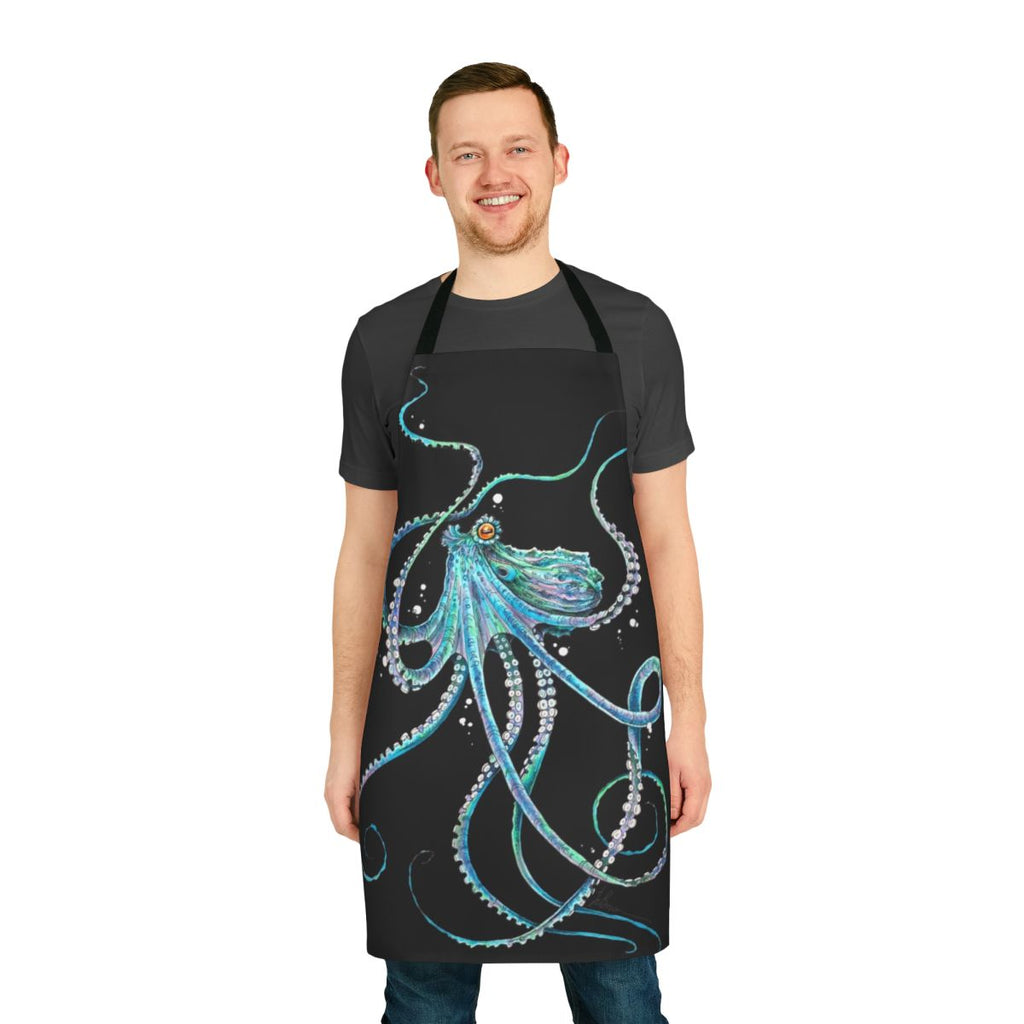 Colorful octopus apron with tentacles against a blue background