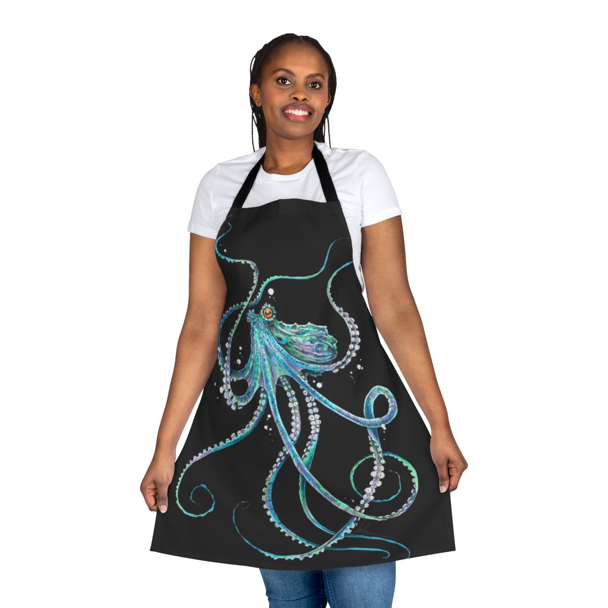 Colorful octopus apron with tentacles against a blue background