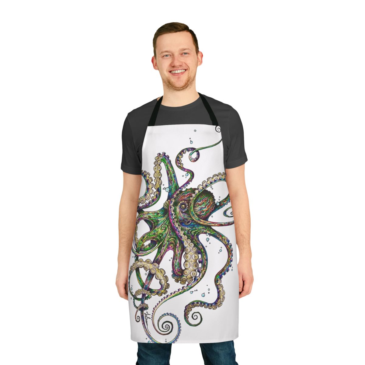 Colorful psychedelic octopus design on an apron