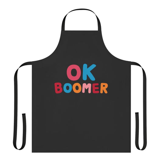 Colorful "Ok Boomer" apron with bold, trendy typography design