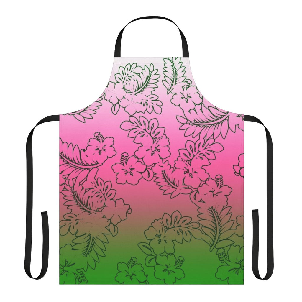 Ombre patterned apron in shades of green, pink, and white with vibrant tropical hibiscus flowers