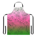 Ombre patterned apron in shades of green, pink, and white with vibrant tropical hibiscus flowers