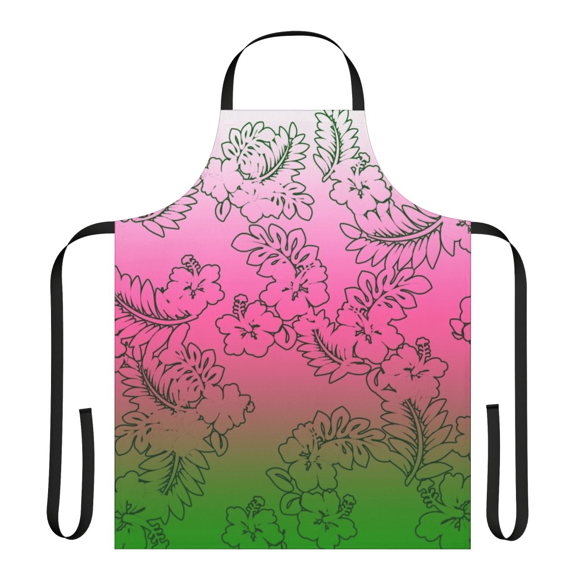 Ombre patterned apron in shades of green, pink, and white with vibrant tropical hibiscus flowers