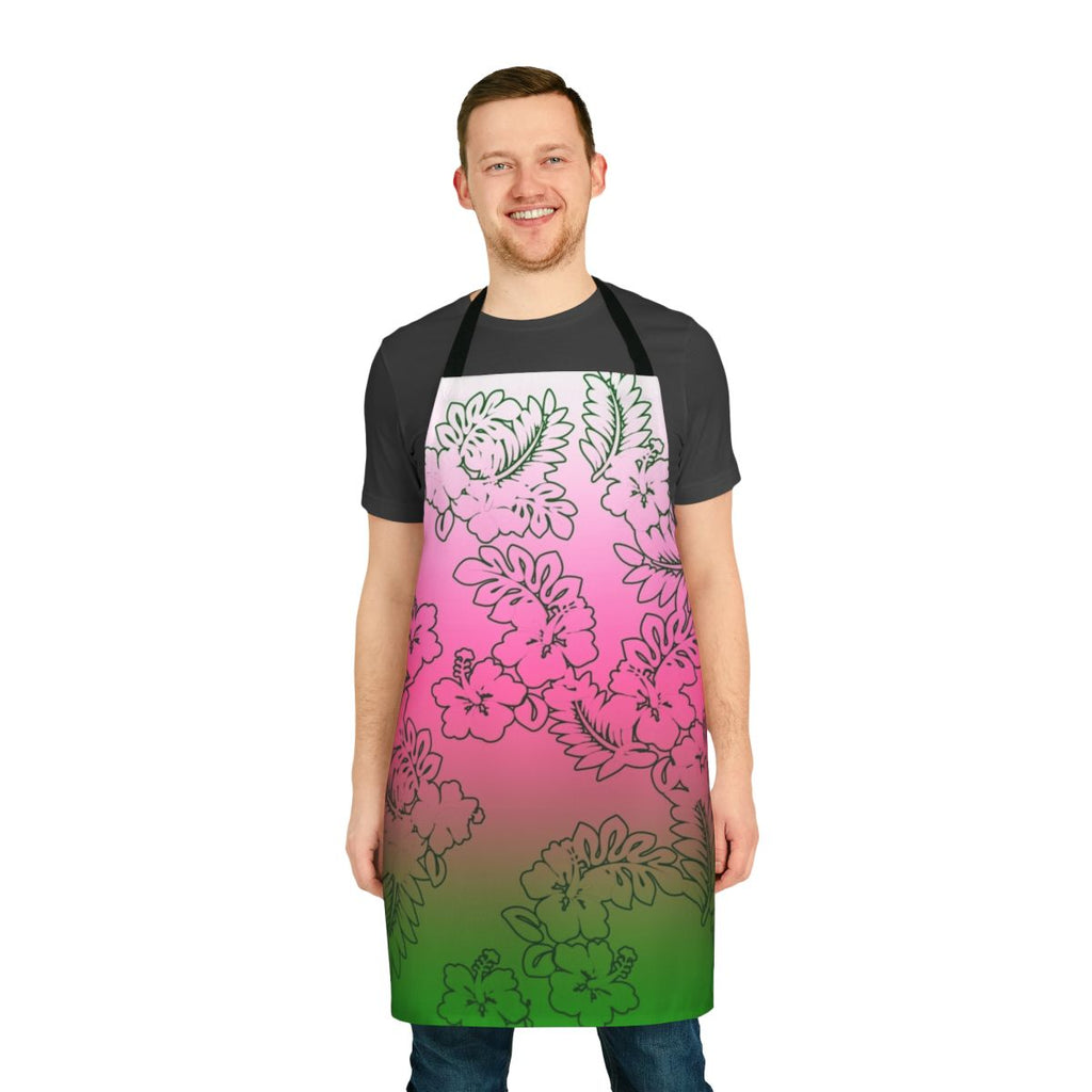 Ombre patterned apron in shades of green, pink, and white with vibrant tropical hibiscus flowers