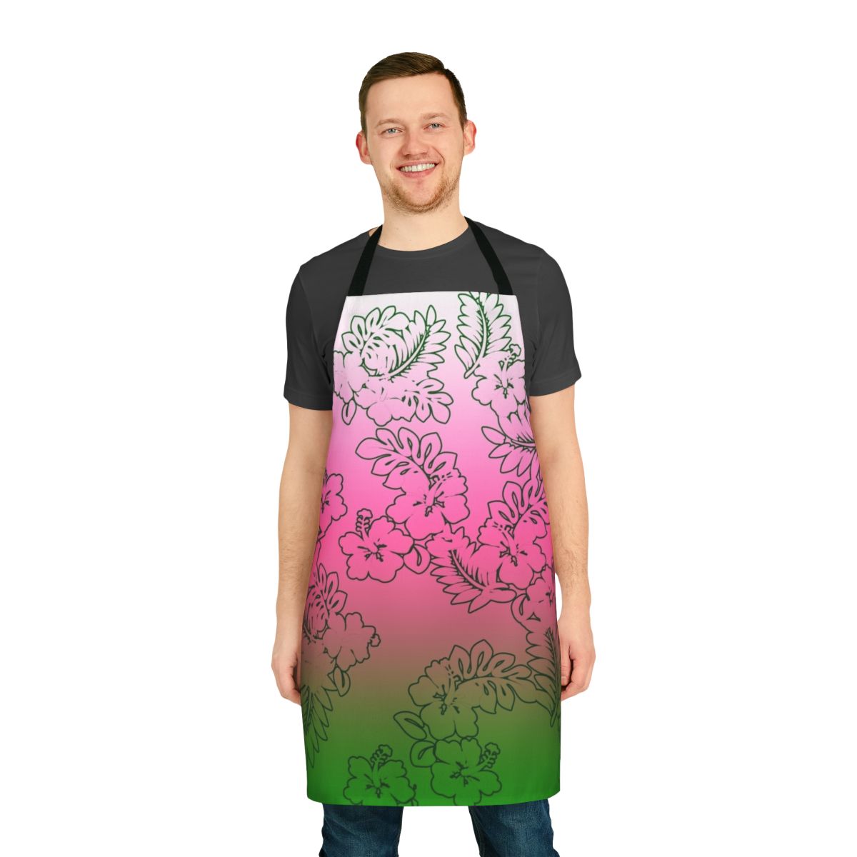 Ombre patterned apron in shades of green, pink, and white with vibrant tropical hibiscus flowers