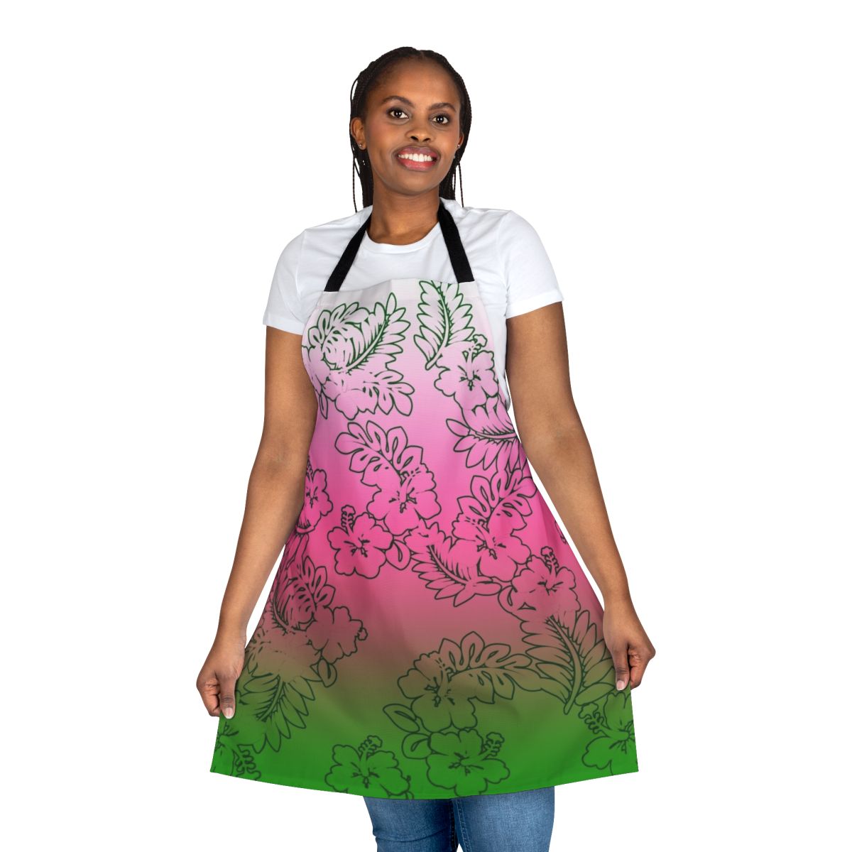 Ombre patterned apron in shades of green, pink, and white with vibrant tropical hibiscus flowers