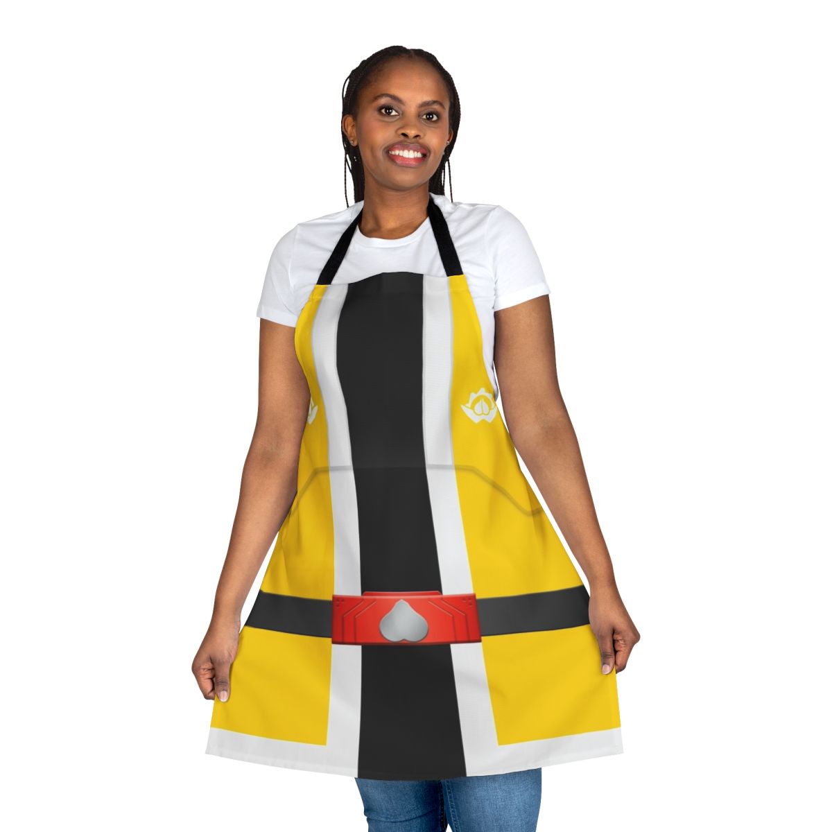 Onisister-themed apron featuring bold yellow and oni designs, perfect for Super Sentai fans