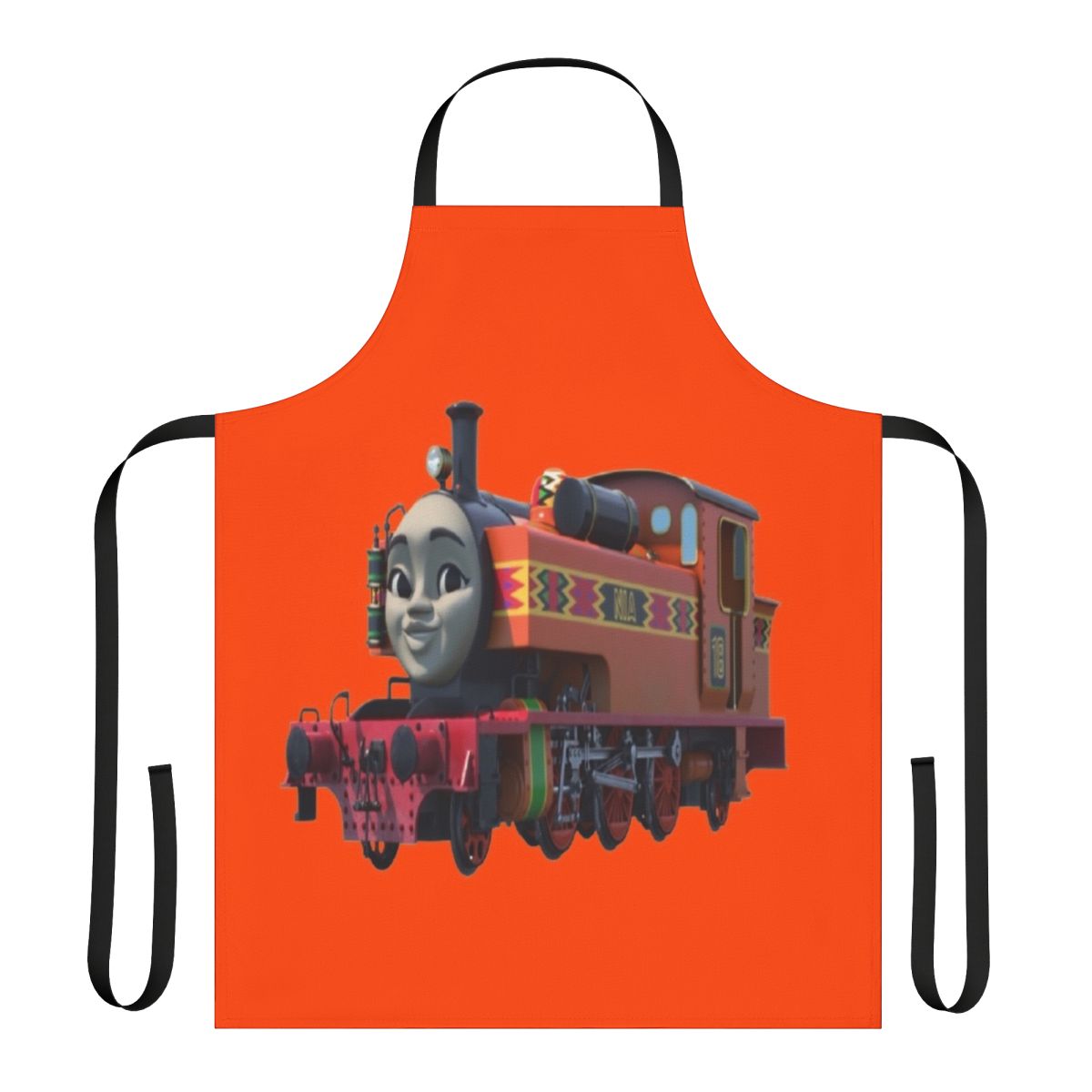 Orange apron featuring a tank engine design, inspired by the iconic trains of East Africa