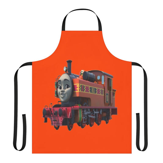 Orange apron featuring a tank engine design, inspired by the iconic trains of East Africa